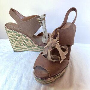 Tory Burch Linley Wedge Espadrille Sandals Tan Canvas Camo Jute Platform Size 8
